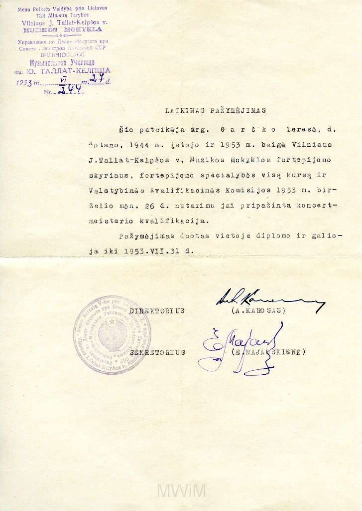 KKE 5701.jpg - (litewski) Dok. Dyplom koncertmeistra z szkoły muzycznej im. Tallat-Kelpsos-a dla Teresy Graszko, Wilno, 27 VI 1953 r.